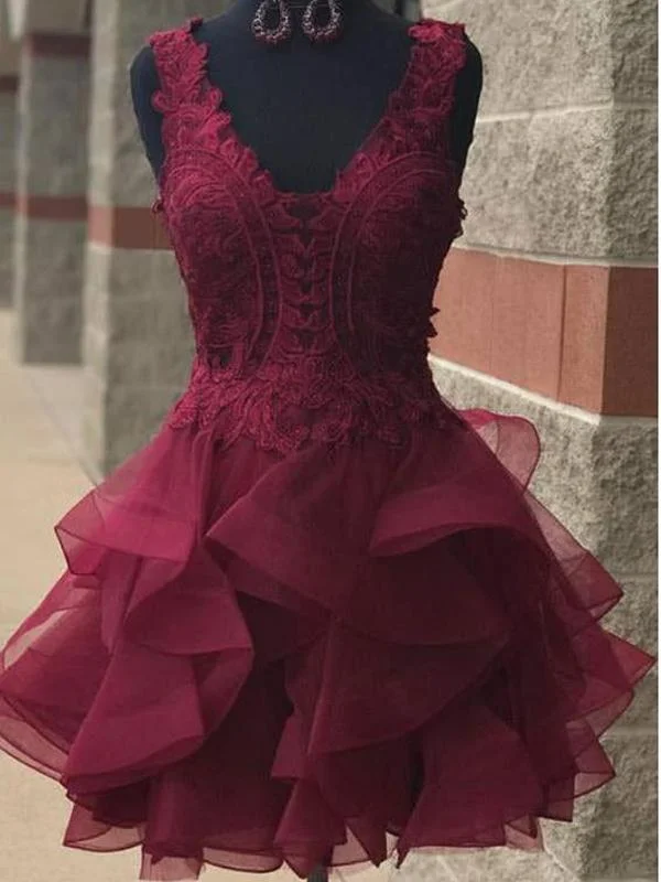 spring party dressesV Neck Burgundy Lace Short Cheap Homecoming Dresses Online, CM579