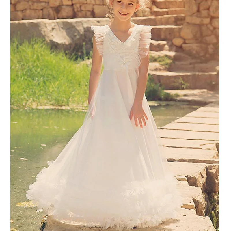 maxi dresses with pleatsV-neck Ivory Tulle Appliques A-lone Long Little Girl Dresses, Lovely Flower Girl Dresses, FG065