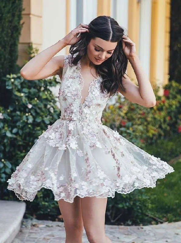 homecoming party dressesV Neck Lace Handmade Flower Cute Cheap Short Homecoming Dresses 2018, CM557