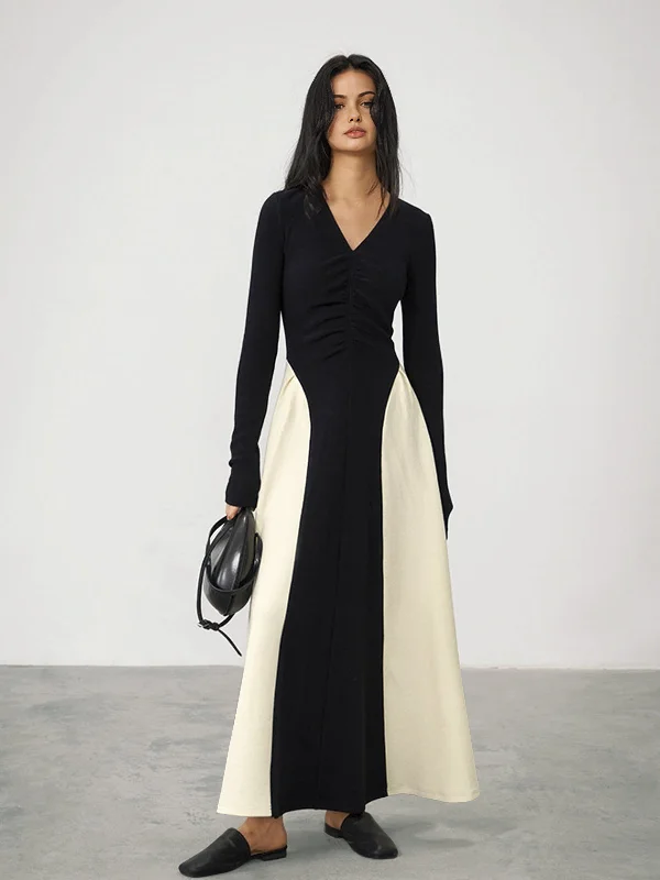 maxi dresses with zippersV-Neck Panel Pleated Long Dress