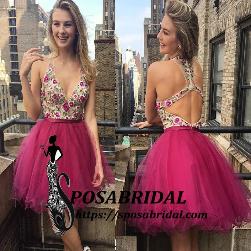 chiffon party dressesV Neck Short Embroidery Floral Fuchsia Most Popular Pretty Cheap Homecoming Dresses , BD0220