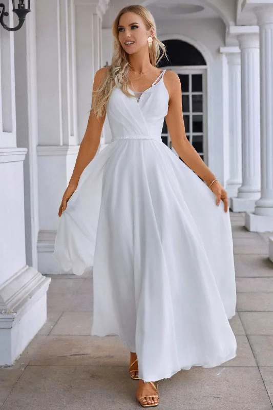 maxi dresses for teensWhite Chiffon Surplice Neck A-Line Long Dress with Spaghetti Straps