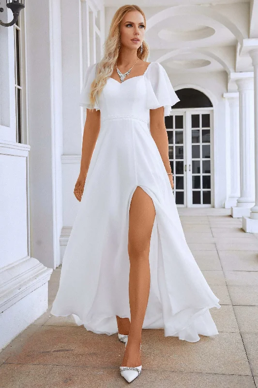 maxi dresses for flower girlsWhite Chiffon Tie-Back A-Line Long Dress with Flutter Sleeves